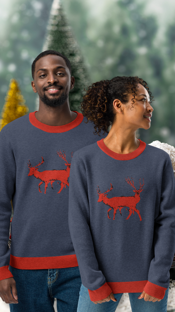 Reindeer Blue Christmas Knitted Crew Neck Sweater