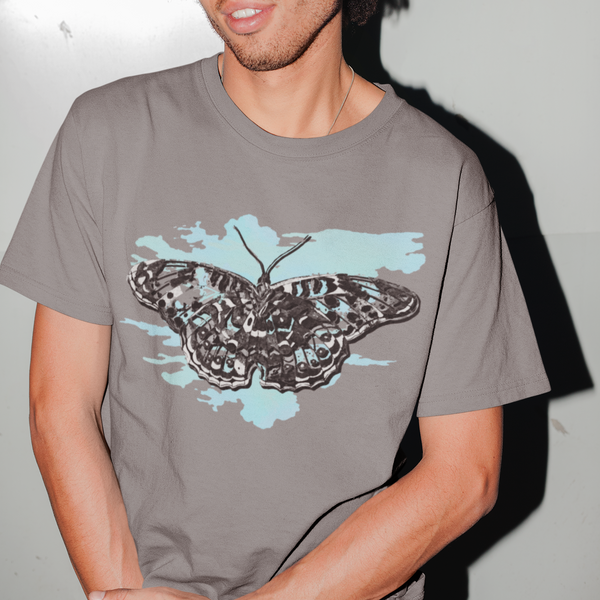 Heavyweight Grey T-shirt Blue Butterfly