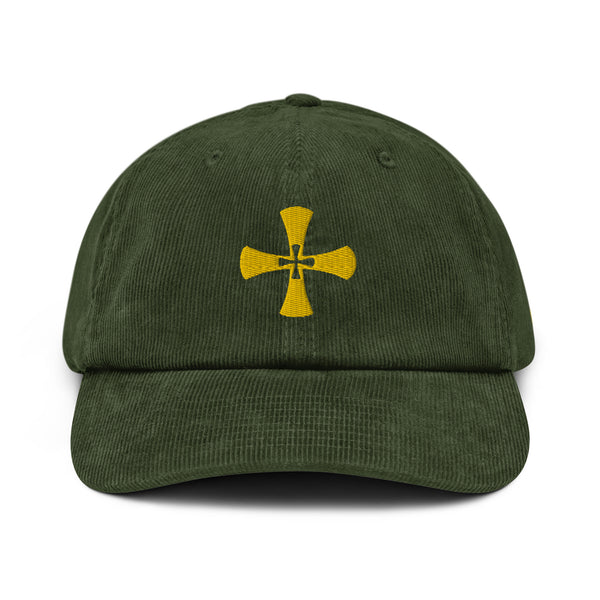 Green Corduroy hat- Embroidered Crusader Print