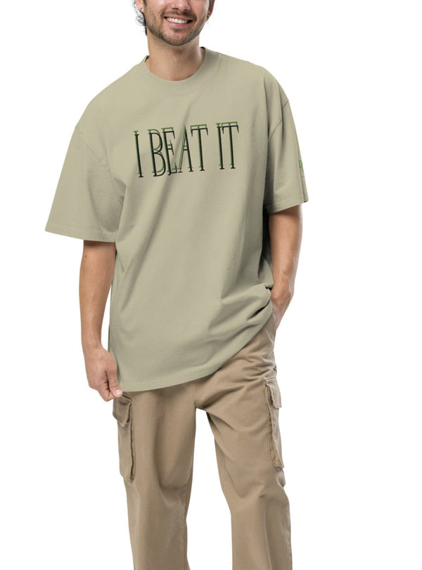 Oversized faded Kiwi t-shirt-Embroidered "I Beat it" Print