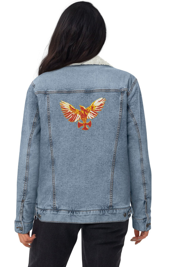 Embroidered Mockingbird light blue denim sherpa jacket