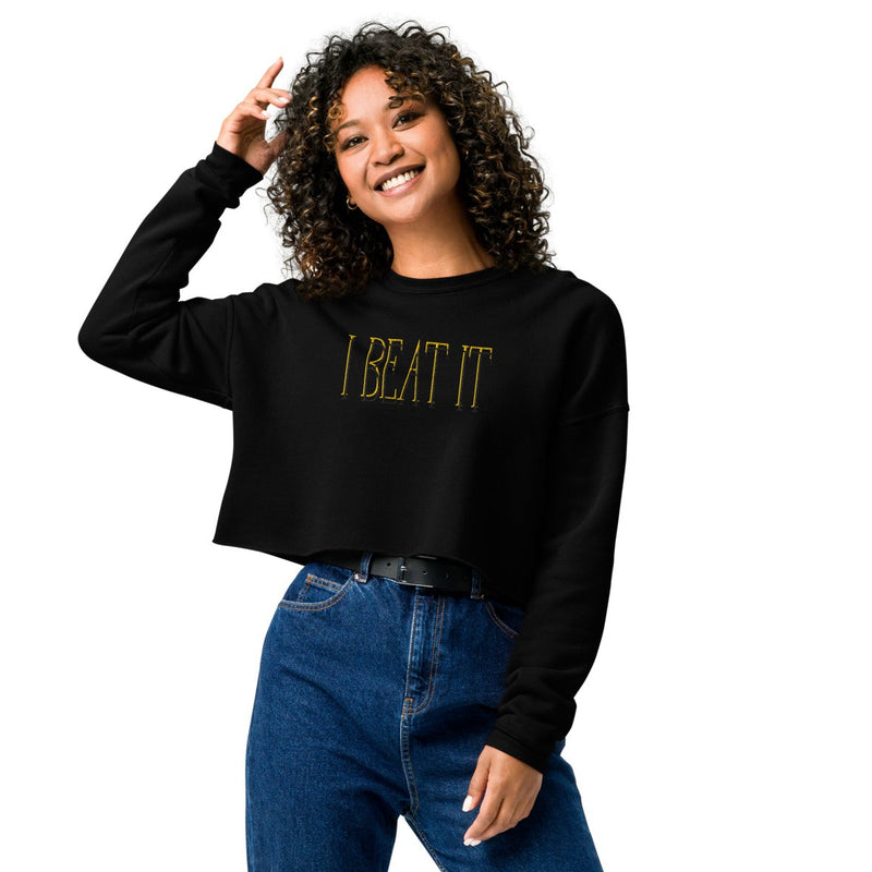 Black Crop Sweatshirt-Embroidered "I Beat it" Print